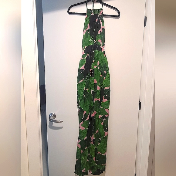 Palm Tree Leaves Pink Green Double Slit Halter Dress - Picture 2 of 6